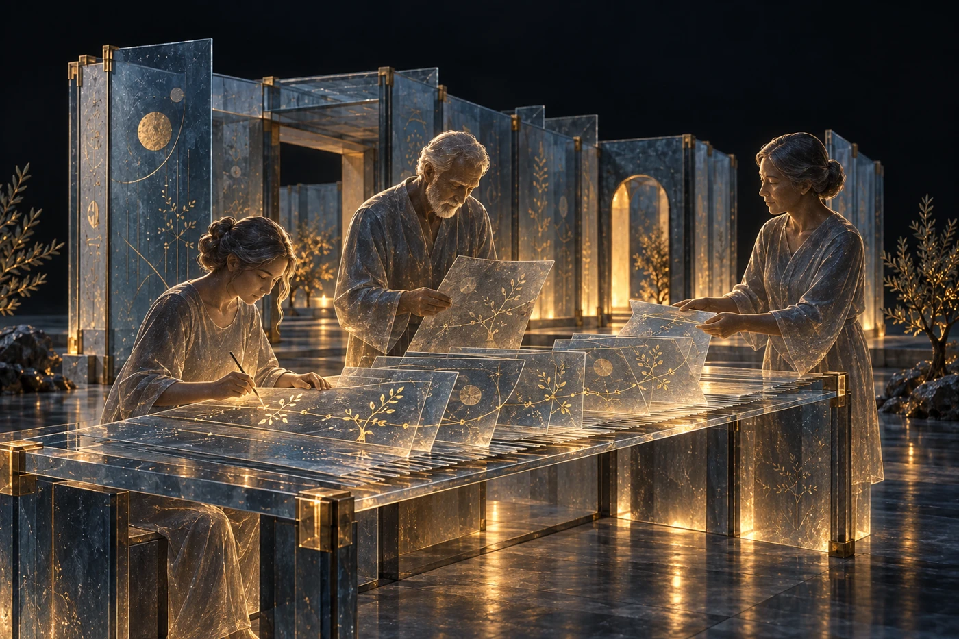Three translucent figures read and contribute to a shared illuminated record, connecting individual activity to collective memory.