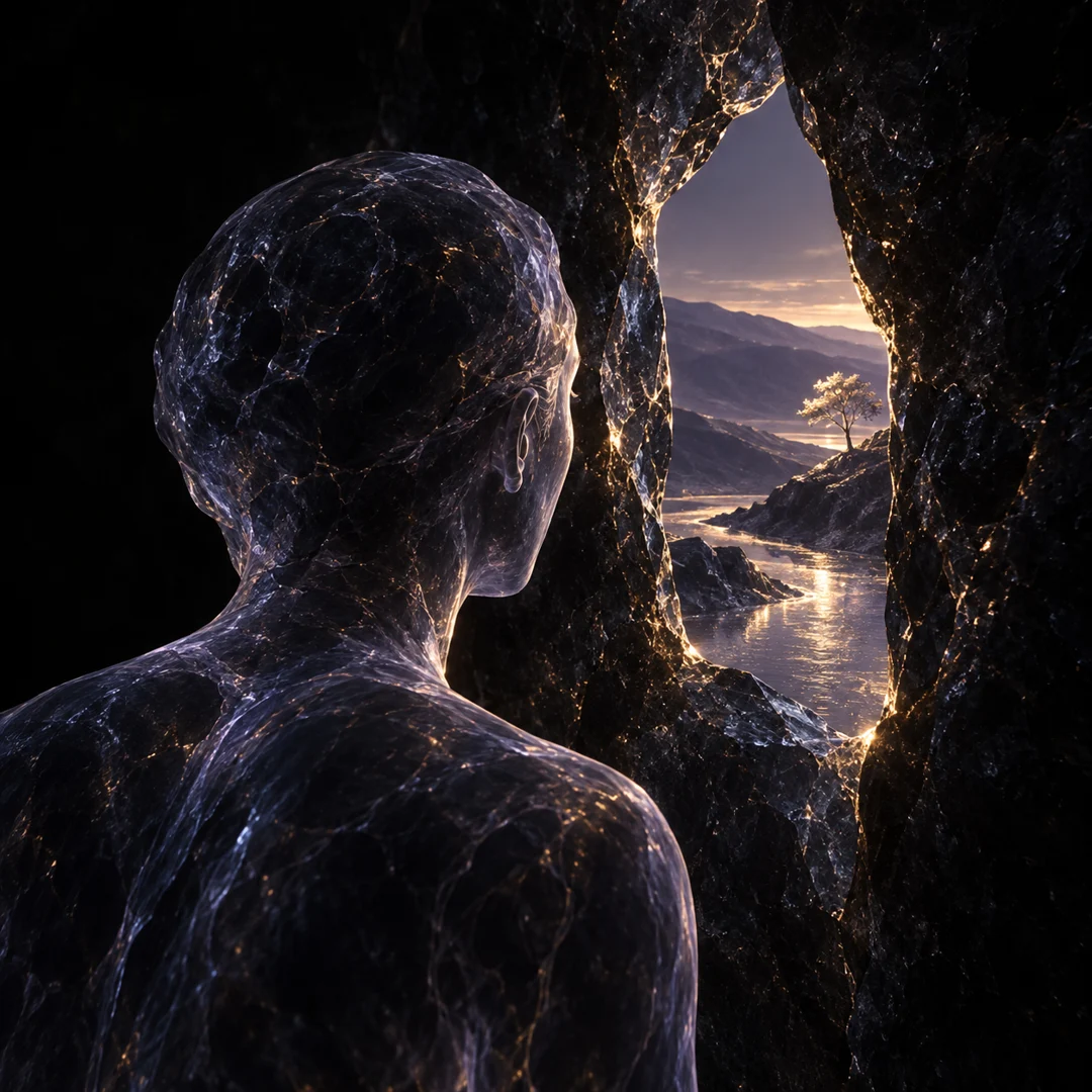 A translucent figure looks through a small opening onto a river, tree and mountains beyond.