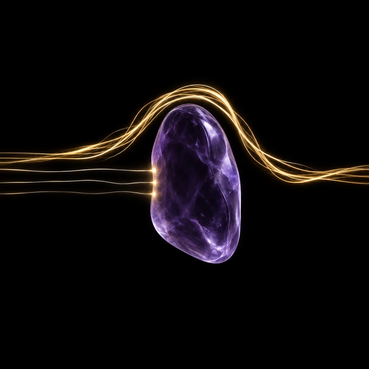 Fine gold paths meet a violet mineral; corrected paths curve around the obstruction and continue.