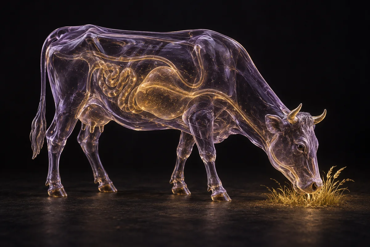 A translucent violet cow grazes on gold grass, with fine golden pathways visible within its body.