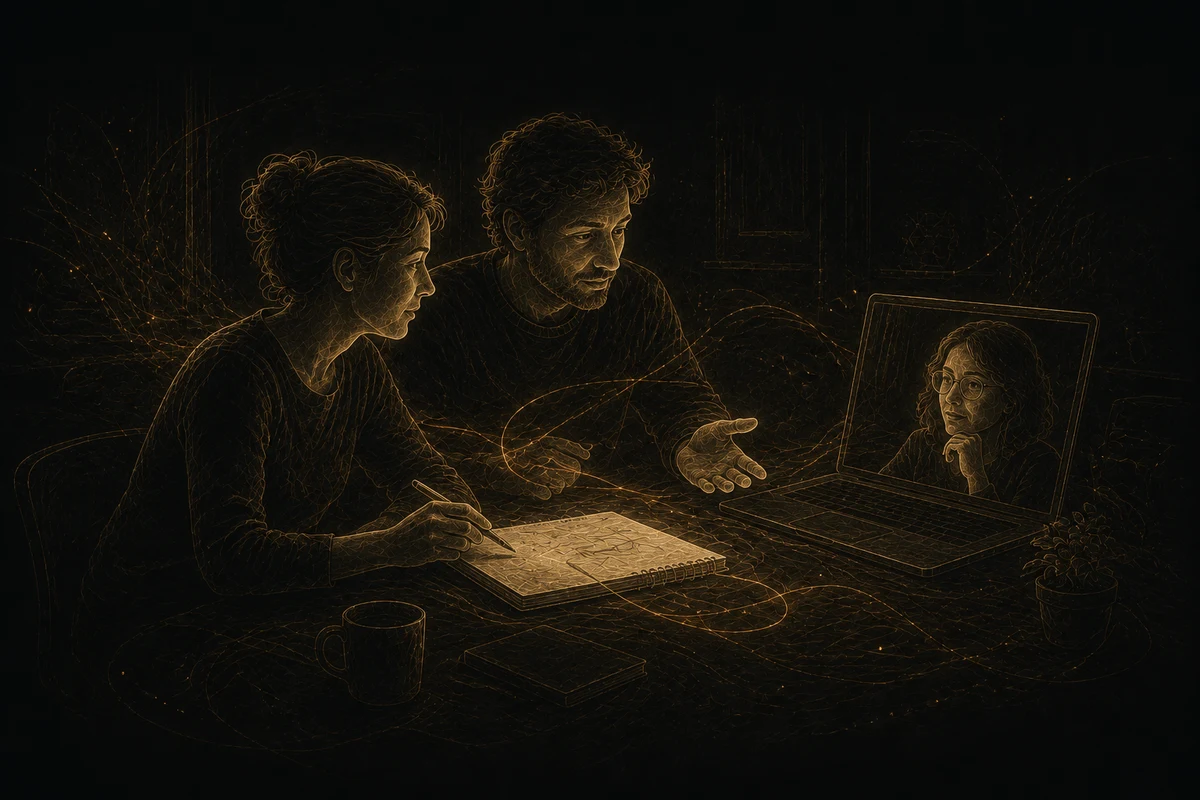Two adults at a table listen and reconsider a notebook sketch with a third person on a laptop. Fine gold lines connect the participants and dissolve into charcoal space.