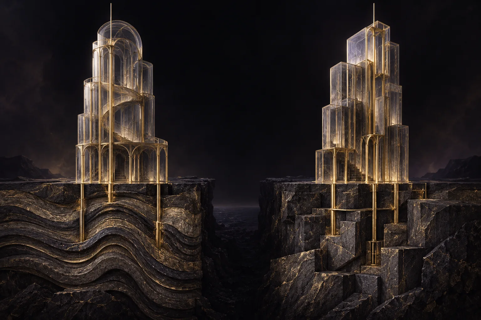 Two coherent glass structures stand on different exposed foundations, one formed from folded strata and the other from interlocking blocks.