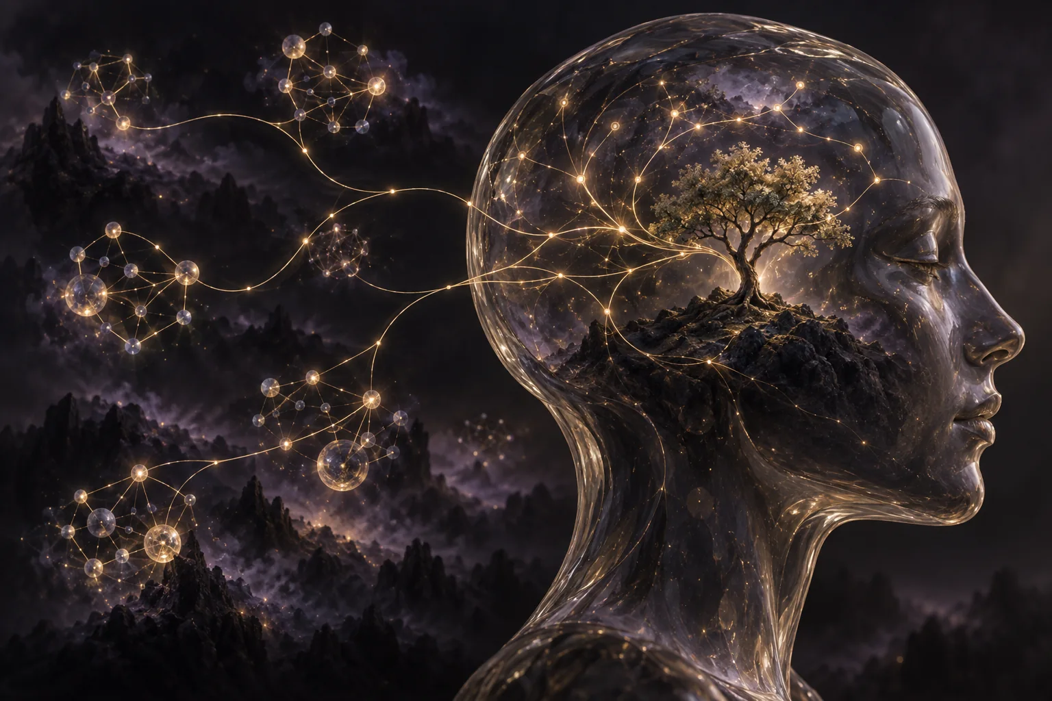 A tree inside a translucent human profile branches into golden paths linking distant clusters of ideas.