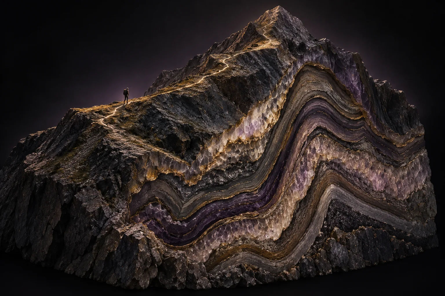A walker follows a gold path over a mountain whose cutaway face reveals the folded geological layers beneath the route.