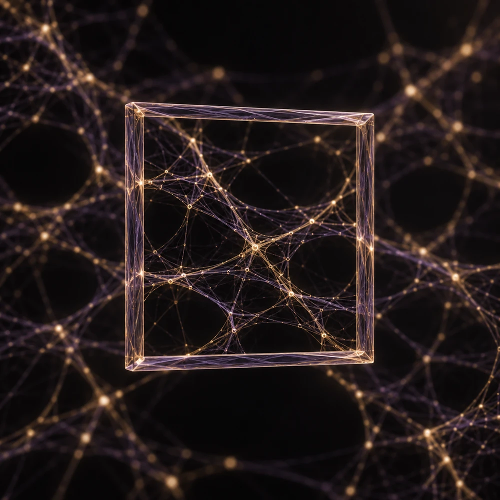 A complete glass viewing frame brings a small portion of a gold and violet network into focus while the same network continues beyond every edge.