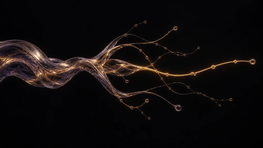 A connected glass weave opens into several fine golden trajectories, with one path continuing more brightly than the others.