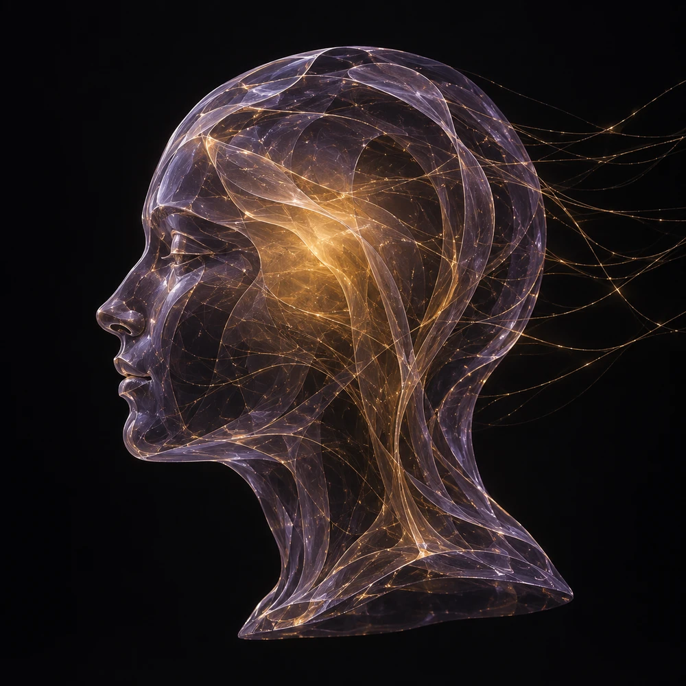 A layered violet-glass head holds a warm amber luminosity within, while fine threads connect it to its surroundings.