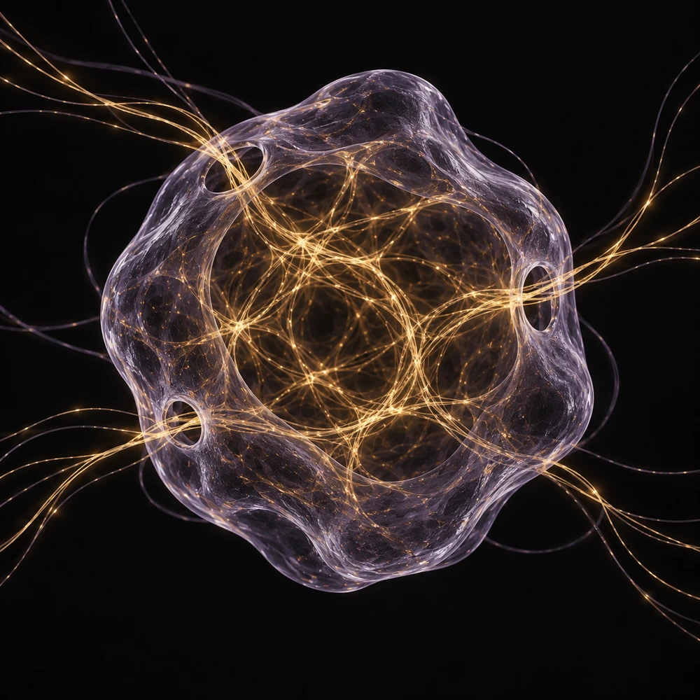 A continuous violet-glass membrane separates an inner golden network from its surroundings, with gold strands passing through a few distinct pores.