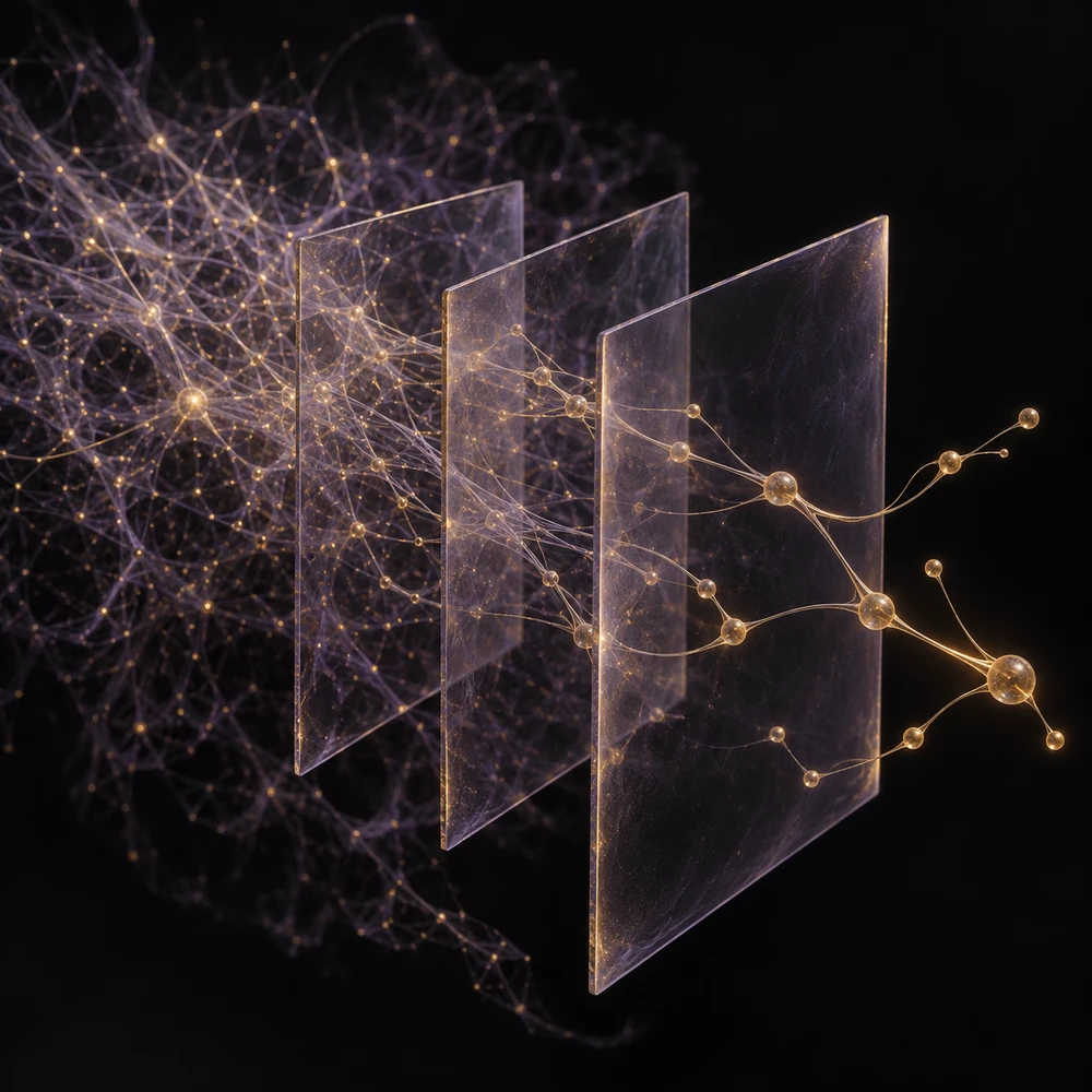 A complex violet and gold network passes through translucent planes, leaving a smaller scaffold of selected relationships.