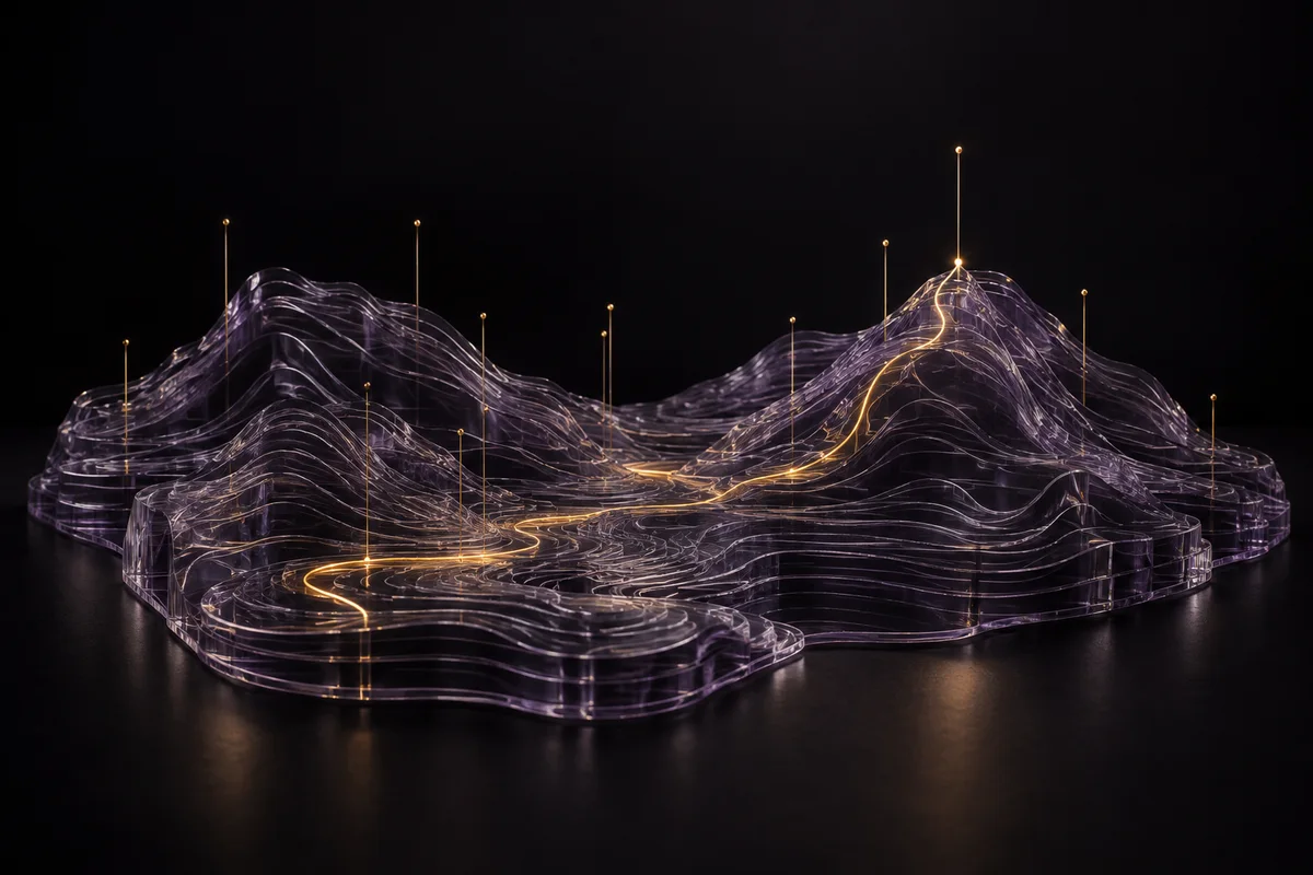 A fine gold route crosses a landscape of violet glass contours, with markers at different heights.