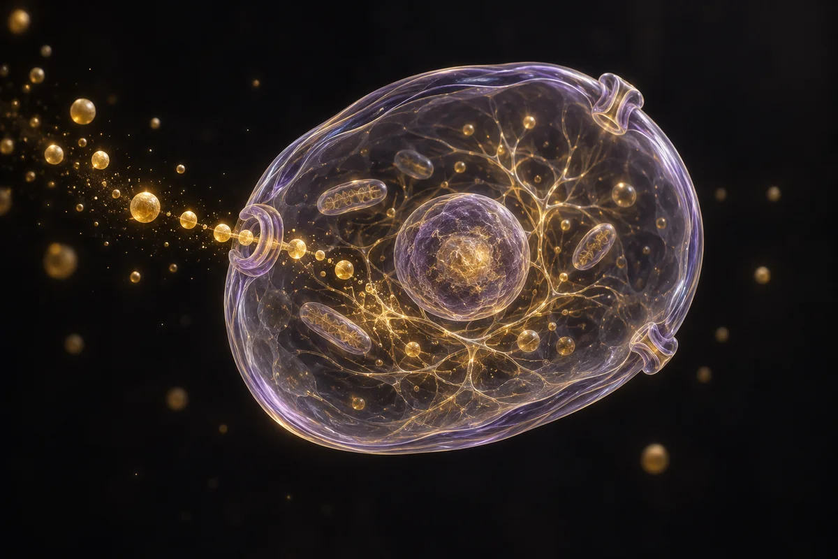 Gold particles cross the boundary of a translucent violet cell and enter its organised interior.