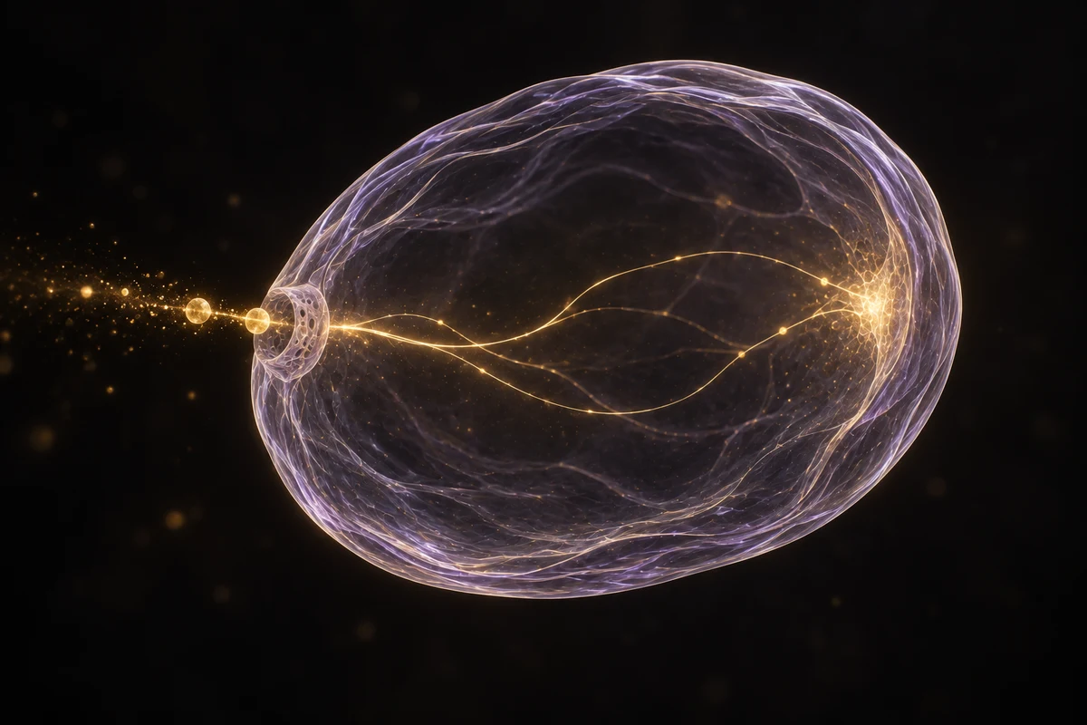 A golden pulse crosses the edge of a translucent cell and illuminates a path inside it.