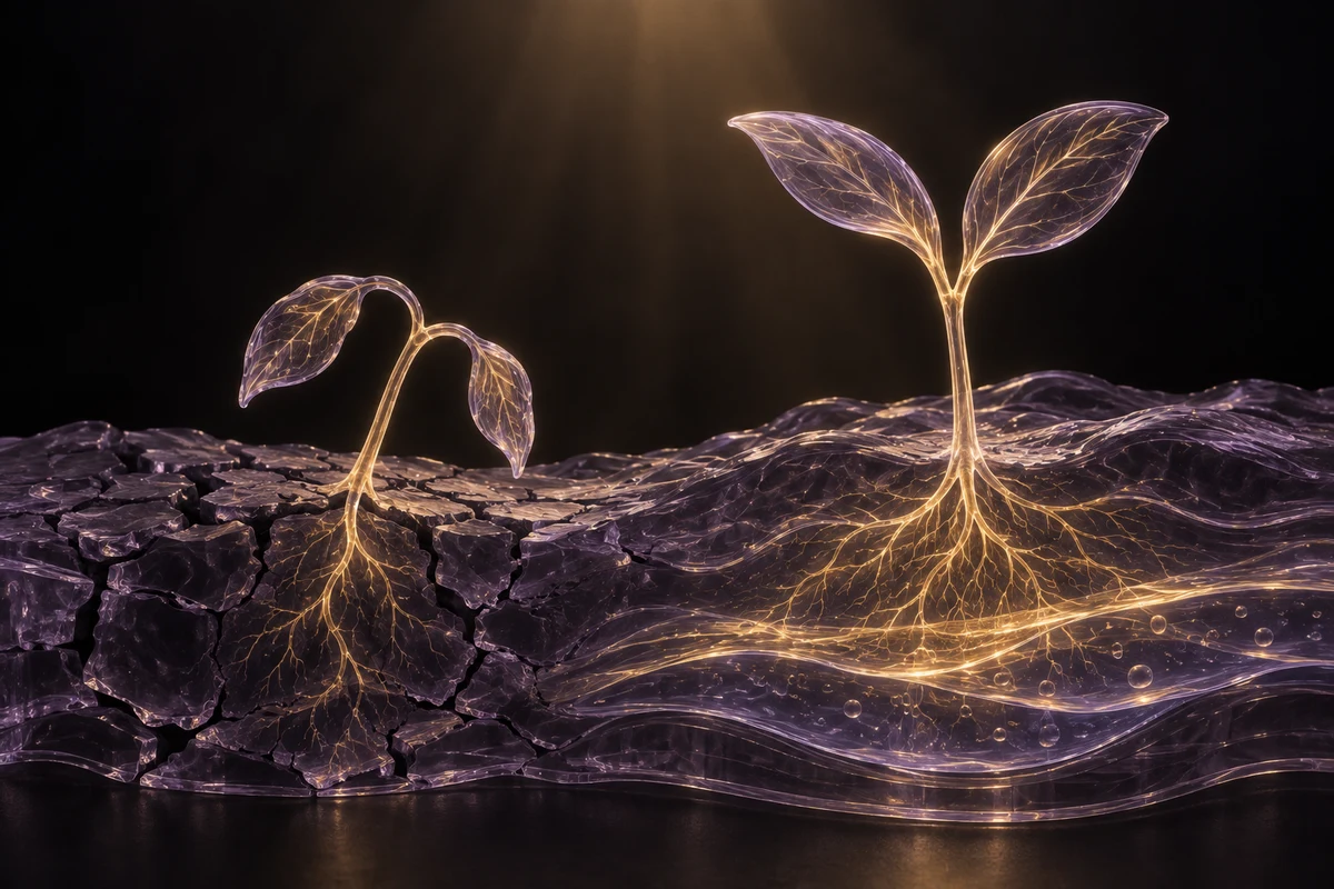 The same golden light reaches two glass seedlings rooted in different conditions: dry ground and water-rich soil.