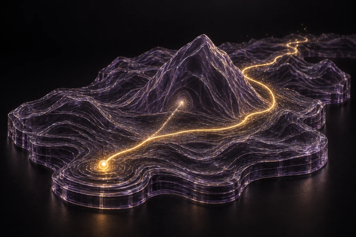 A faint route meets an obstacle in glass terrain; a brighter revised route bends around it and continues.