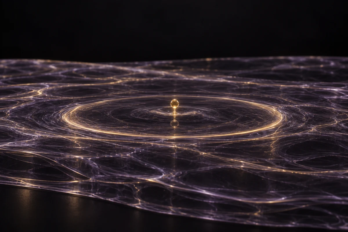A small golden droplet disturbs a still violet surface, sending a single ripple outward.