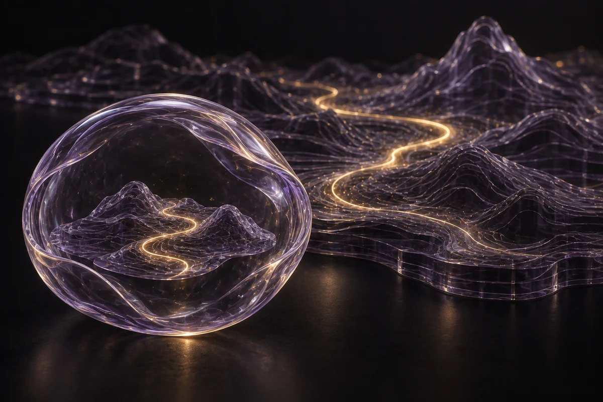 A simplified golden map inside a transparent shell corresponds to a larger landscape and its winding route.