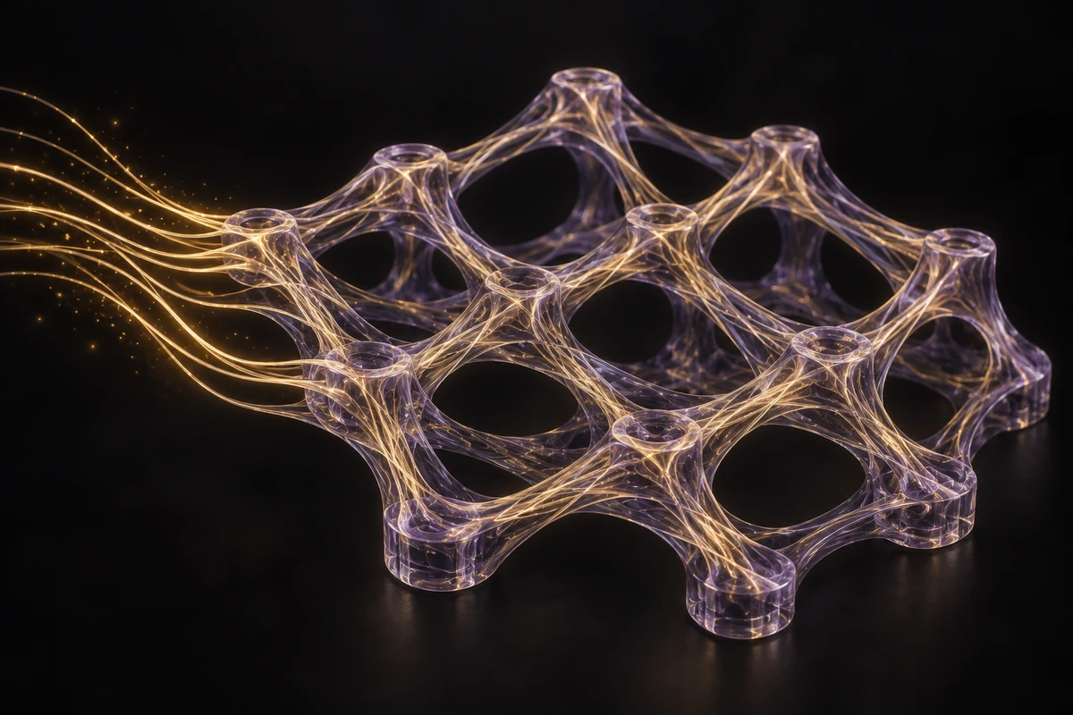 Loose golden strands gather into a connected violet-glass framework with a stable pattern of junctions.