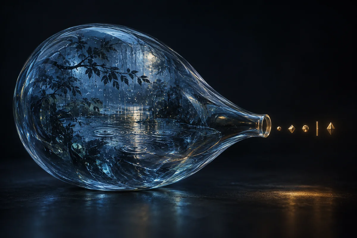 A rain-filled blue glass vessel narrows a richly layered scene into five small gold forms.