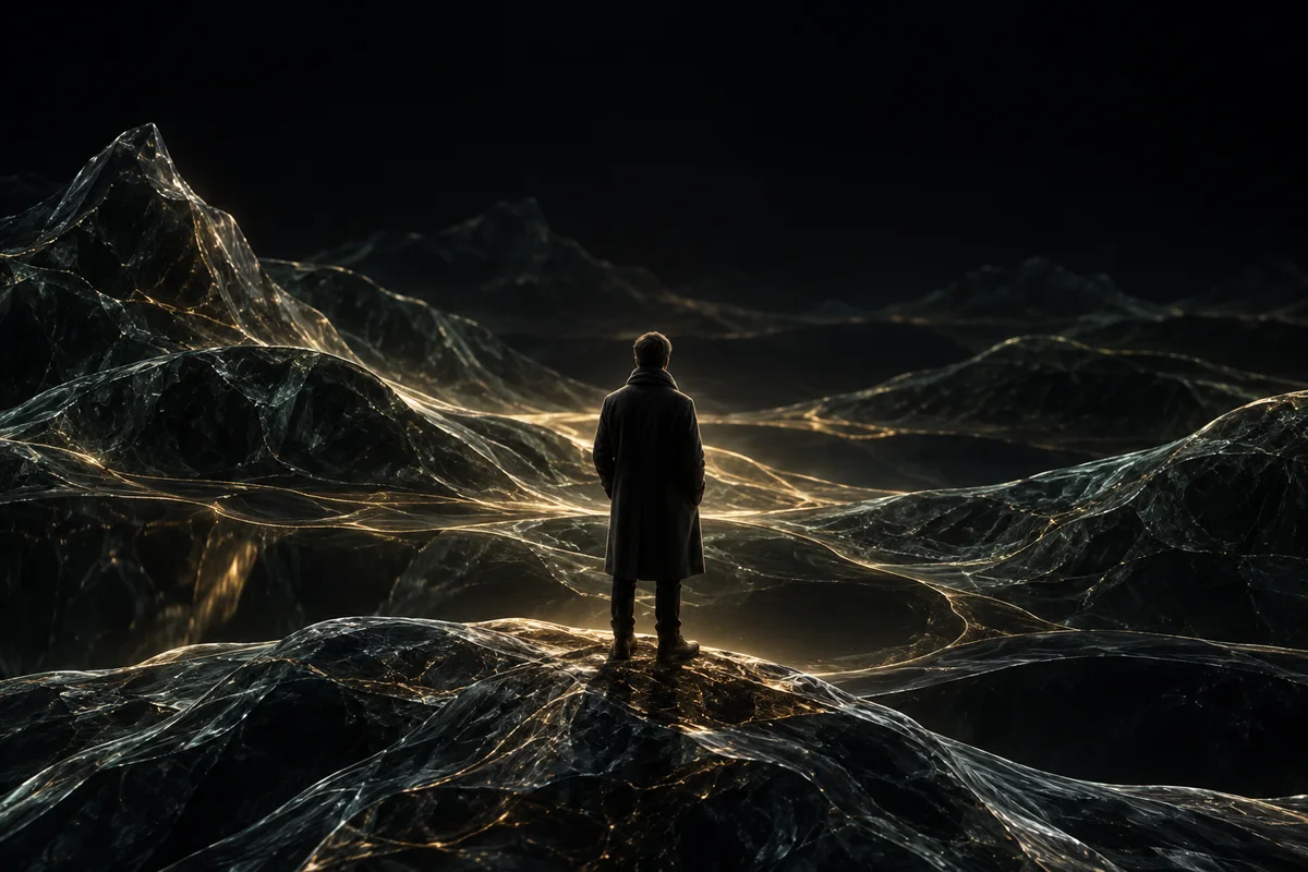 A figure in a dark coat stands within the reachable contours of a landscape.