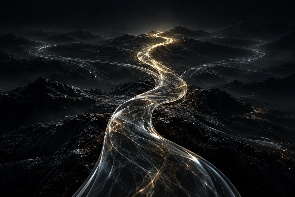 A luminous route opens into several possible paths through a dark terrain.