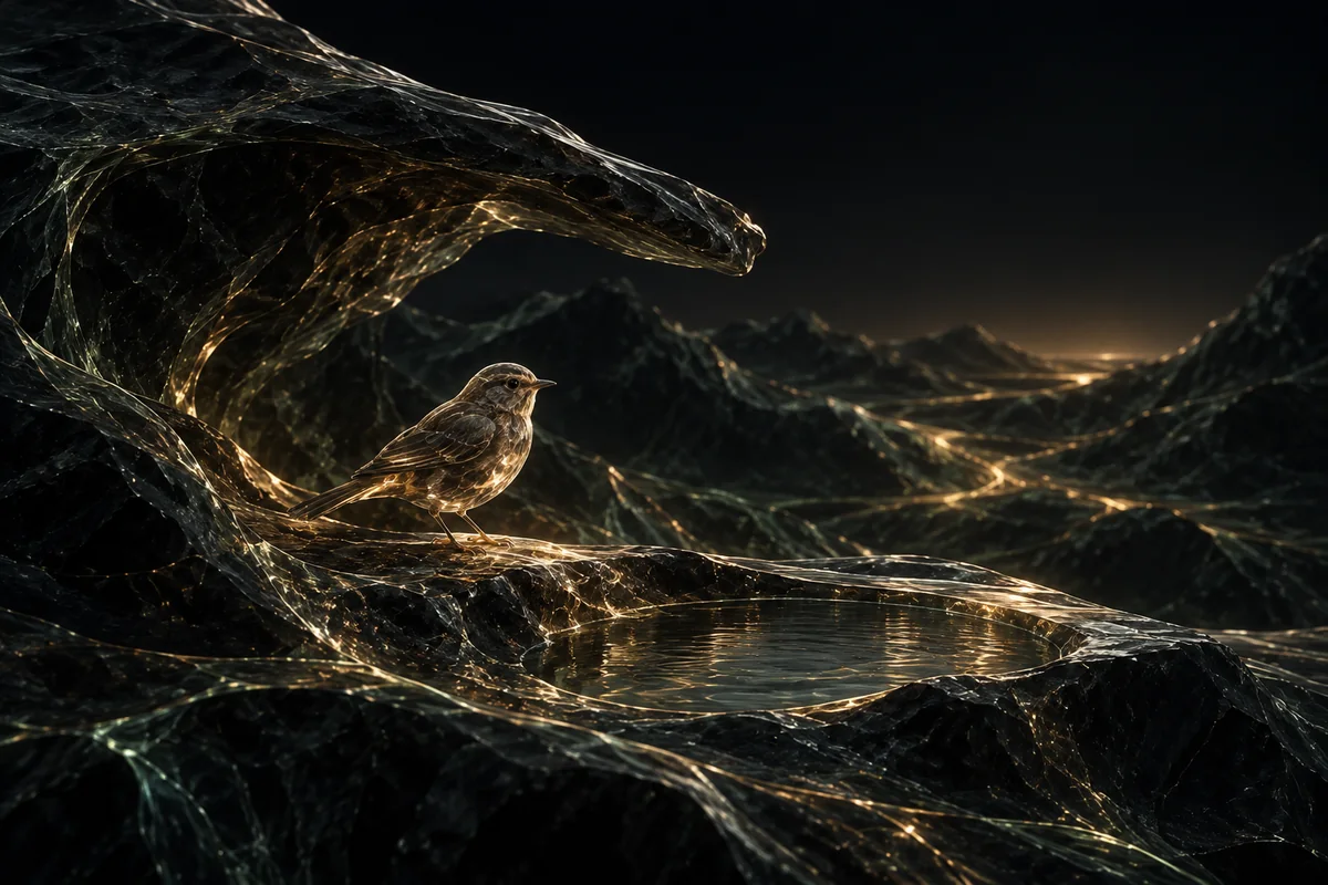 A small amber-glass bird shelters beside water, with fine illuminated routes through its surroundings.